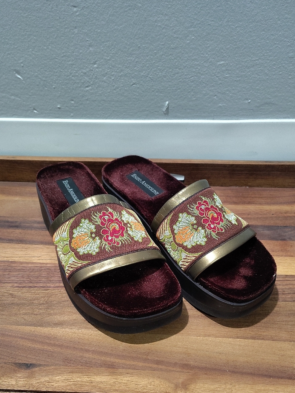 Burgundy Velvet Embroidered Gold-Trim Slides